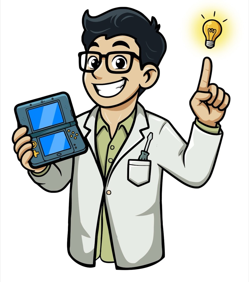 Dr. Dual Screen cartoon holding a 3DS
